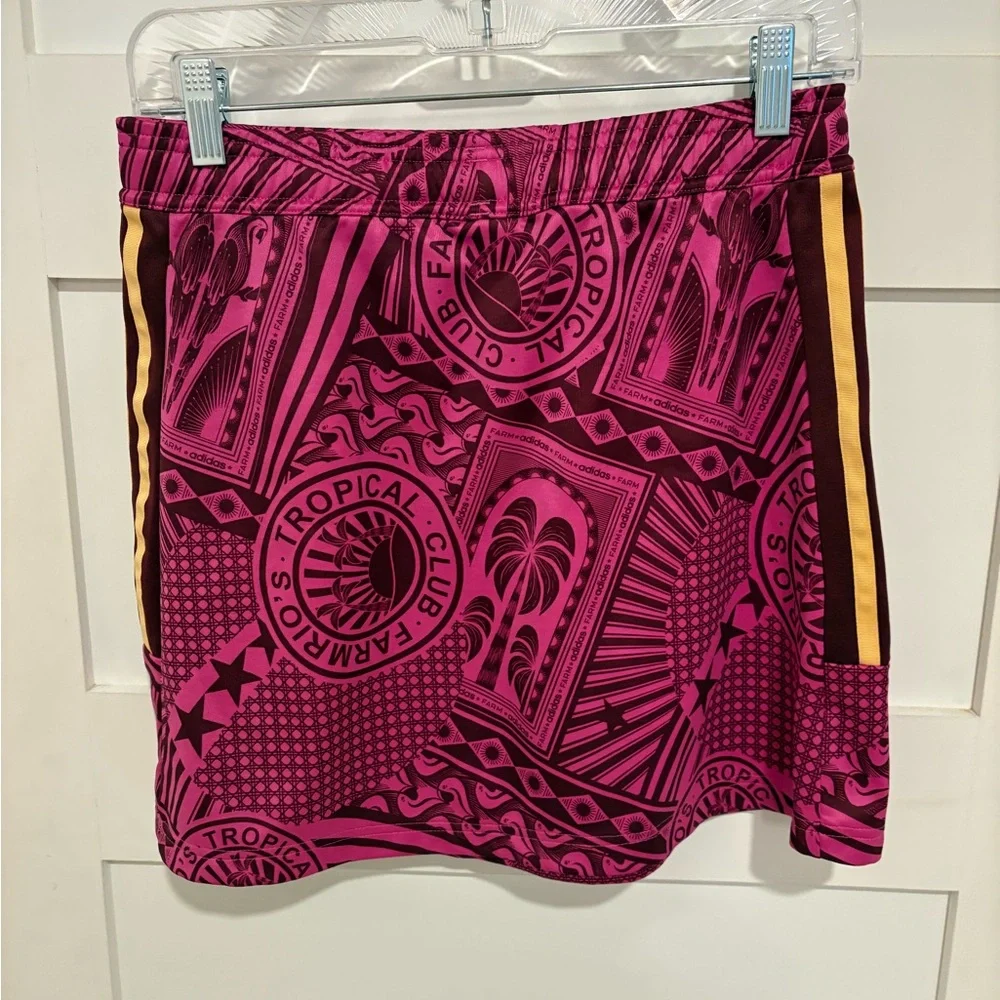 FARM Rio x Adidas Pink Tropical Print Mini Skirt with Gold Stripes - Picture 2 of 12
